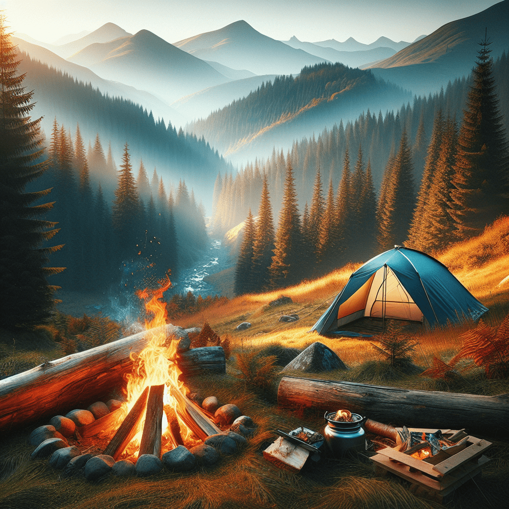 Camping in nature, surrounded by trees and a campfire.