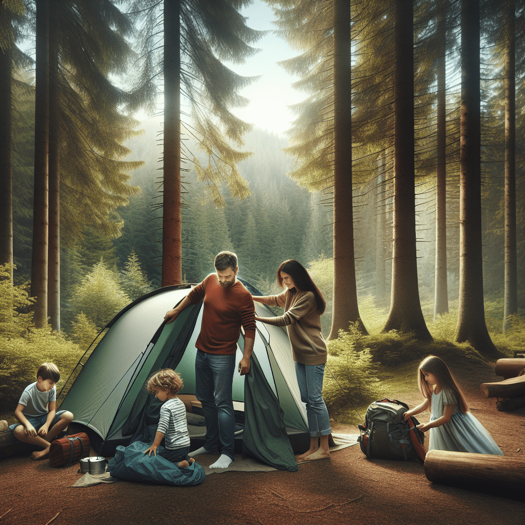 A family of four setting up a tent at a campsite surrounded by trees, with two kids playing nearby.