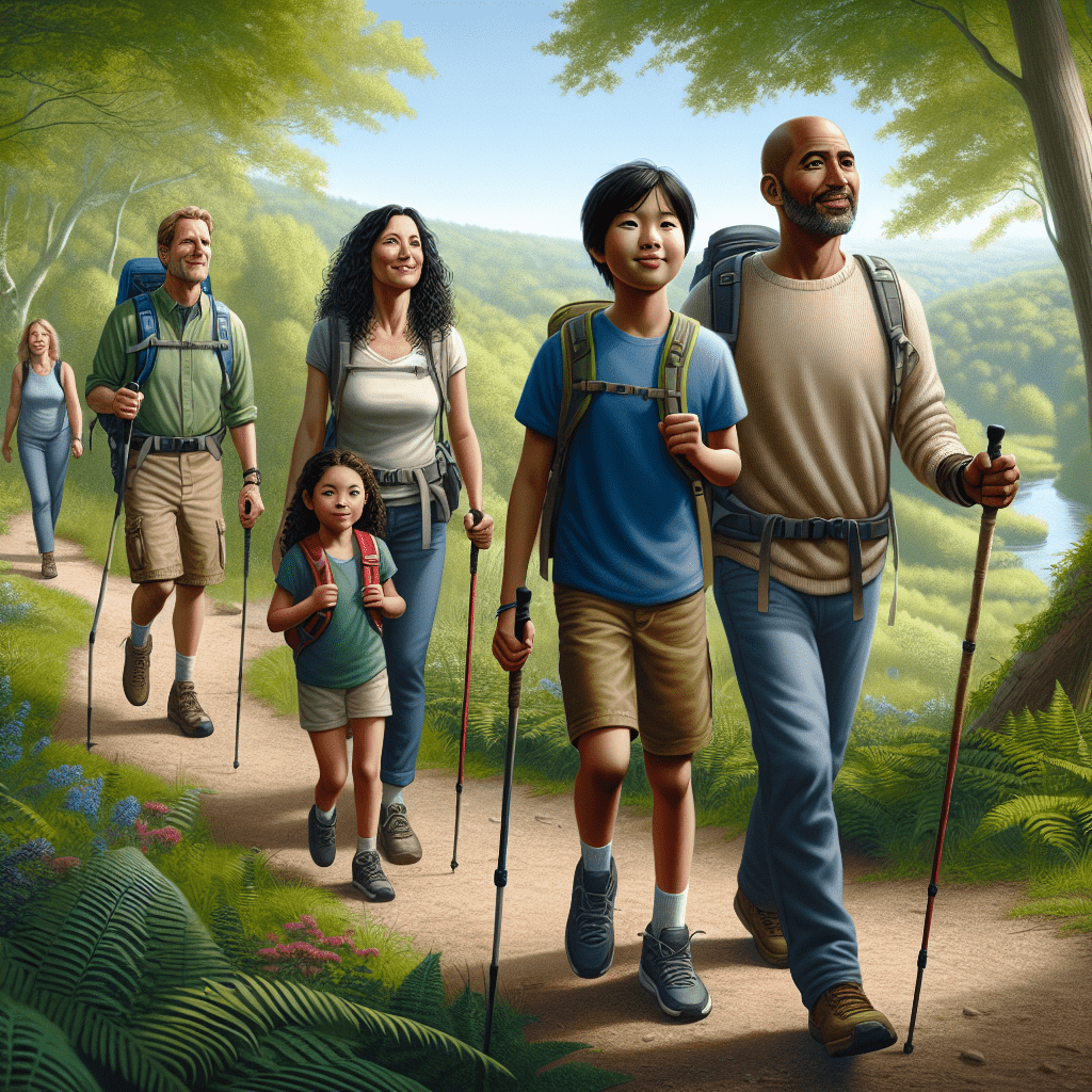 A family hiking on a nature trail with backpacks and walking sticks