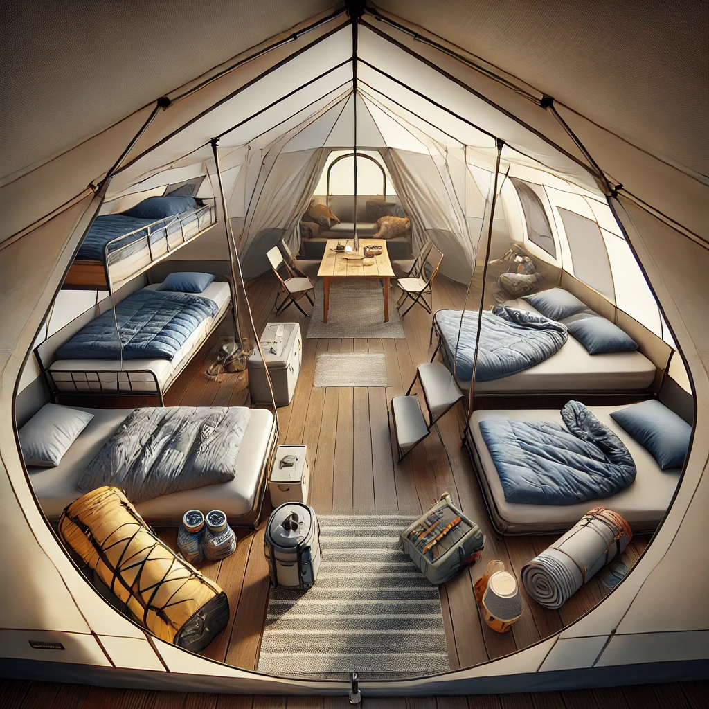 A close up image showing the inside of a spacious family tent, with well organized compartments for sleeping, storage, and a small living area