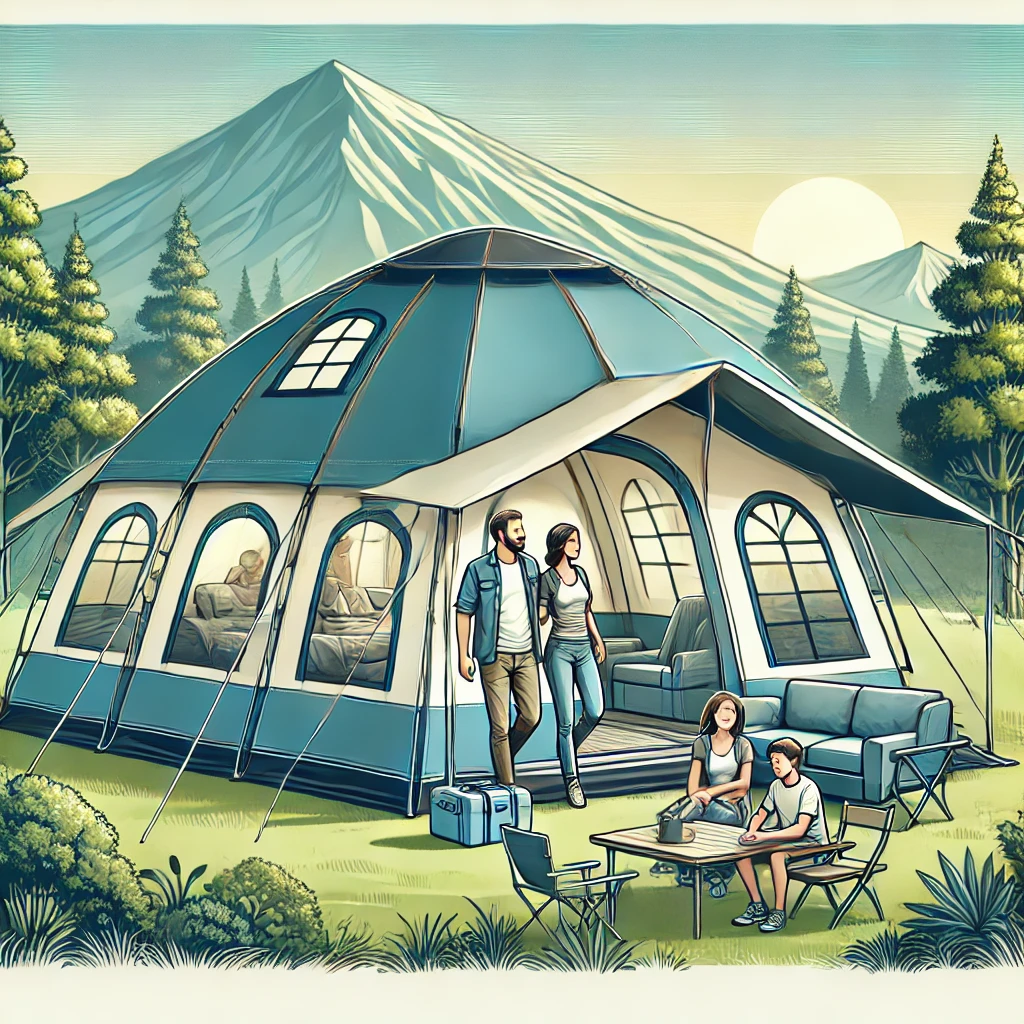 A detailed image showing a family enjoying their time inside a large, durable camping tent set up in a scenic outdoor location