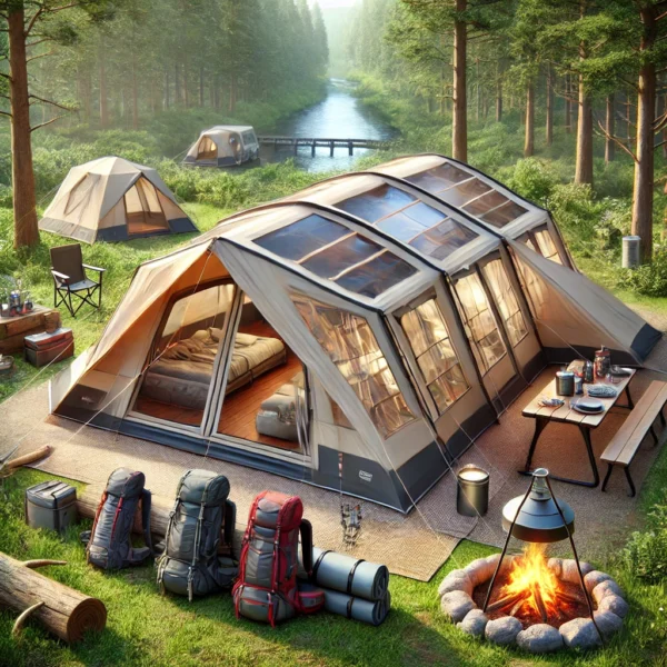 A realistic image showing a large family tent set up in a forest campsite with the tent surrounded by camping gear such as backpacks, a campfire