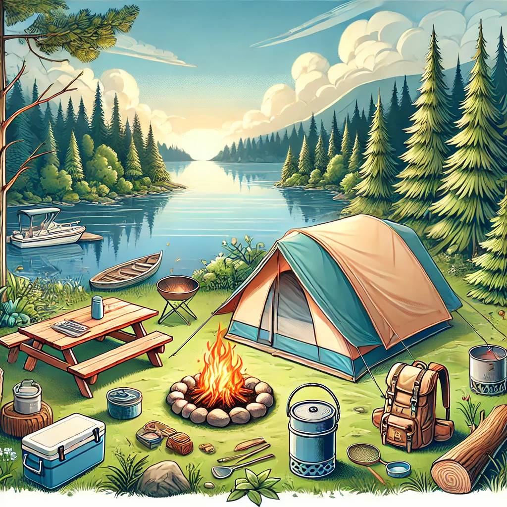 Camping for beginners: A scenic view of a well-pitched tent, campfire, and camping gear set up in a picturesque natural setting.