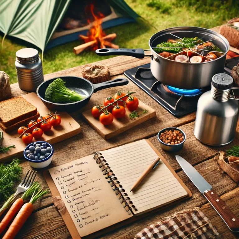 A featured image for an article titled 'How To Make A Camping Meal Plan.' The image includes a rustic camping scene with a picnic table. On the