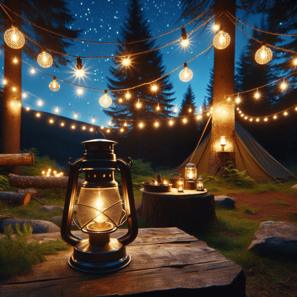 A campsite decorated with warm string lights and a lantern, creating a romantic ambiance.